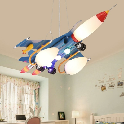 Opal Glass Spaceship Suspension Lighting Kids Style 5-Bulb Blue Chandelier Light
