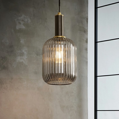 Oval Ribbed Glass Ceiling Pendant Postmodern Single-Bulb Black Suspension Light for Restaurant