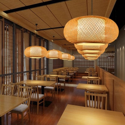Pumpkin Shade Suspension Lighting Simplicity Bamboo 1-Light Wood Pendant Light Fixture