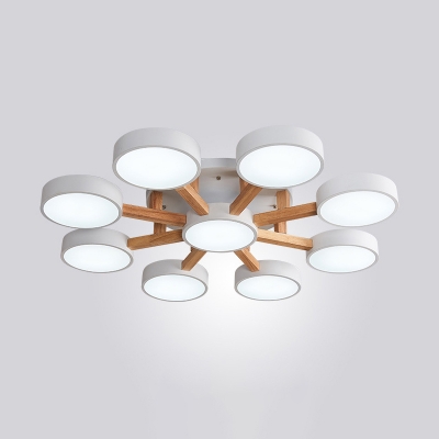 Round Bedroom LED Semi Mount Lighting Metal Nordic Ceiling Light with Wooden Arm