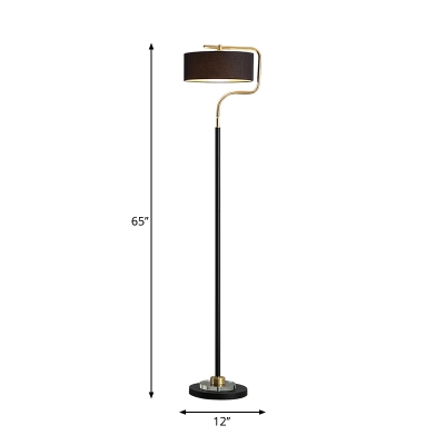 Single-Bulb Round Standing Light Minimalist Black Fabric Floor Light with Brass C Arm