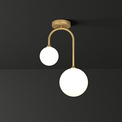 Sphere Entryway LED Semi Flush Mount Cream Glass Simplicity Ceiling Mounted Light in Gold