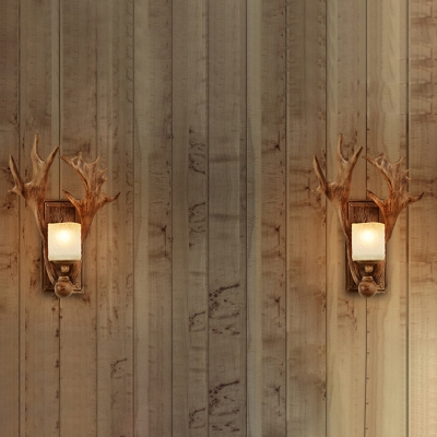 Wood 1-Head Wall Lamp Country Style Cylinder Opal Glass Sconce Lighting with Antler Decor