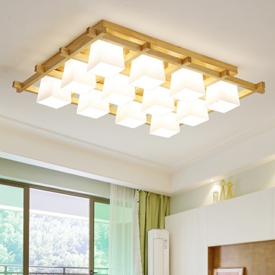 Wood Square Semi Flush Mount Lighting Nordic Ivory Glass Ceiling Light Fixture for Bedroom