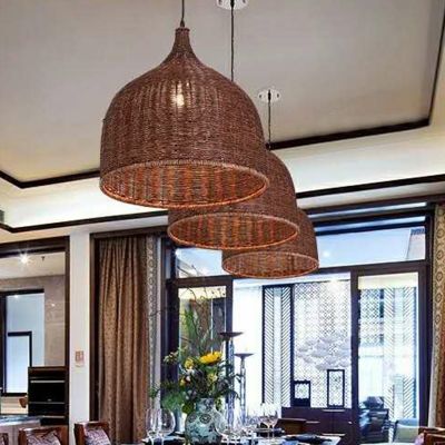 Woven Bell Shaped Bamboo Pendant Lamp Rustic 1-Light Hanging Ceiling Light for Dining Room