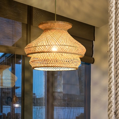 Woven Urn Shaped Hanging Ceiling Light Japanese Bamboo 1 Bulb Wood Pendant Light Fixture