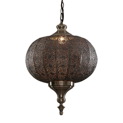 1 Head Hollowed-out Lantern Hanging Light Moroccan Bronze Metal Ceiling Pendant Lamp