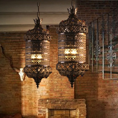 3 Lights Hanging Lamp Moroccan Cylindrical Hollow-out Metal Lantern Pendant in Bronze