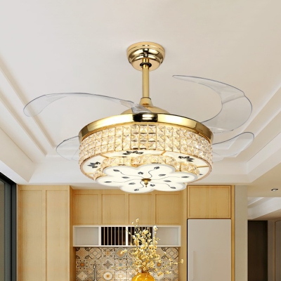 4 Blades Flower LED Hanging Fan Light Postmodern Crystal Gold Finish Semi Mount Lighting for Restaurant