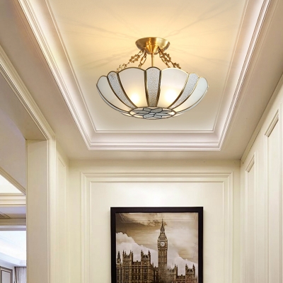 4 Bulbs Ceiling Chandelier Traditional Scalloped Frosted and Water Glass Suspension Lighting in Brass