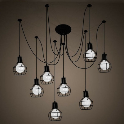 8-Head Swag Pendant Light Industrial Bedroom Multi Lamp Ceiling Light with Ball Iron Cage in Black