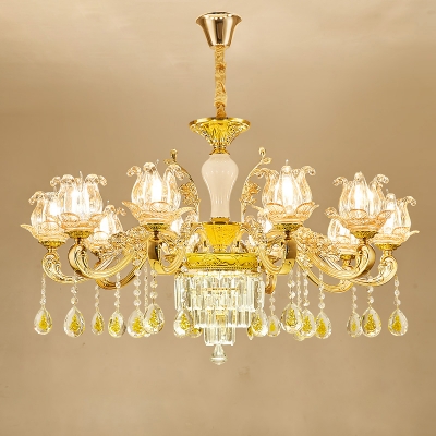 Antique Style Lotus Chandelier Lamp Clear K9 Crystal Pendant Lighting Fixture in Gold
