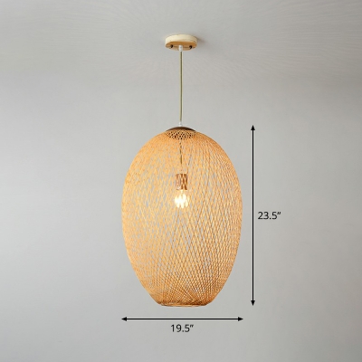 Bamboo Weaving Oval Drop Pendant Asian 1-Bulb Wood Hanging Light Fixture for Stairs