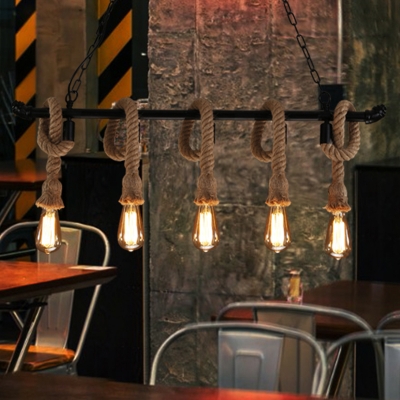 Black Linear Island Lighting Factory Iron Restaurant Pendant Lamp with Dangling Rope
