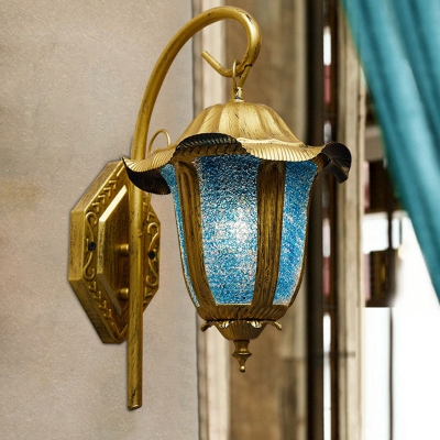Brass Bell Lantern Wall Sconce Rustic Lake Blue Glass Single Dining Room Wall Mount Light