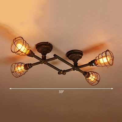 Cast Iron Bronze Flush Light Torch Shaped Steampunk Semi Flush Mount Ceiling Light with Cage