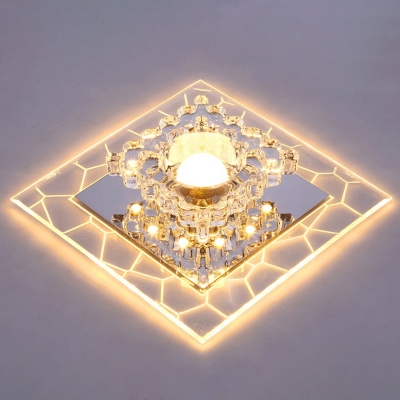 Clear Square LED Flush Mount Lamp Modern Flower Crystal Ceiling Lighting for Foyer