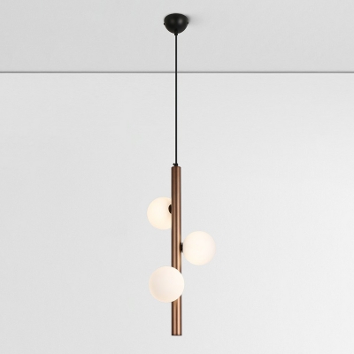 Coffee Vertical Chandelier Minimalistic Metal Pendant Lighting with Orb Ivory Glass Shade