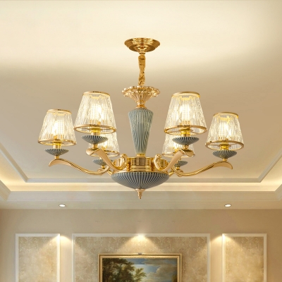Conical Clear Rib Glass Chandelier Transitional Bedroom Ceiling Hang Light in Gold