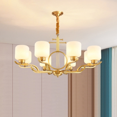 Cream Glass Cylindrical Chandelier Lighting Antique Living Room Ceiling Light in Brass