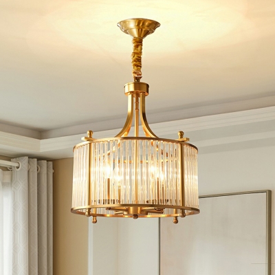 Drum Crystal Rod Chandelier Light Minimalism Dining Room Pendant Light Fixture in Gold