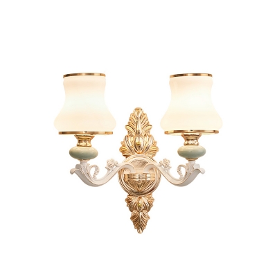 Flared Bedroom Wall Mount Lighting Traditional White Glass Wall Lamp Fixture with Ceramic Accent