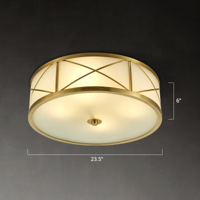 Frosted Glass Round Flush Mount Lighting Antique Bedroom Flush Mount Fixture in Brass