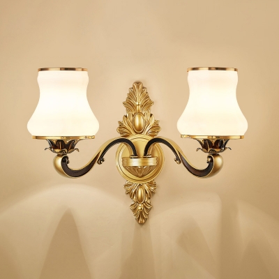 Frosted White Glass Wall Sconce Antique Brass Finish Pear Shaped Bedroom Wall Lamp