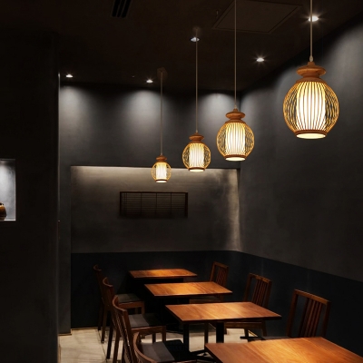 Handmade Tea Room Pendant Light Bamboo Single-Bulb Contemporary Suspension Light with Cylinder Diffuser