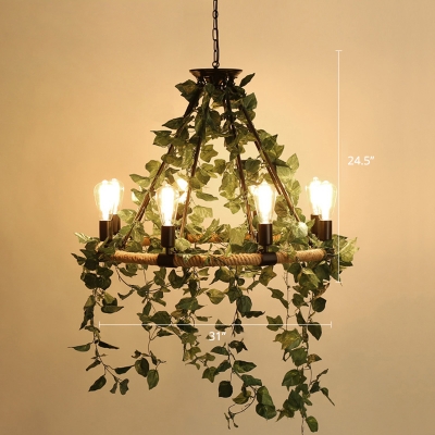 Industrial Wheel Chandelier Hemp Rope Hanging Lamp with Decorative Plant for Dining Room