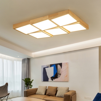 Living Room LED Ceiling Lighting Modern Wood Flushmount Light with Square Acrylic Shade
