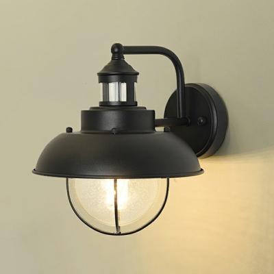 Metal Matte Black Wall Light Bowl Shaped 1 Head Retro Sconce with Seedy Glass Shade and Cage for Outdoor