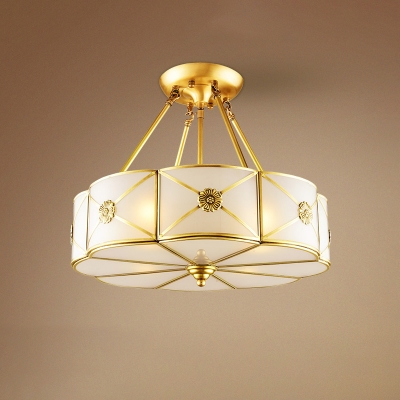 Minimalist Drum Chandelier Light Frosted Glass Pendant Light Fixture in Brass for Bedroom