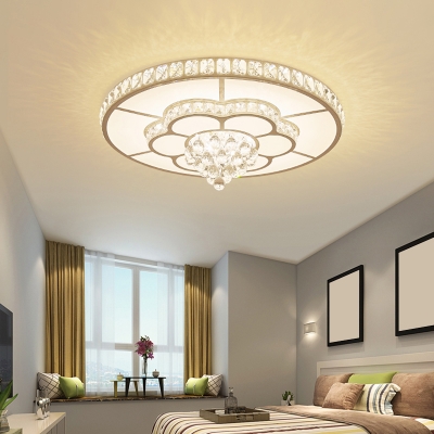 Modern LED Ceiling Lamp White Floral Flush-Mount Light with Acrylic Shade and Crystal Accents