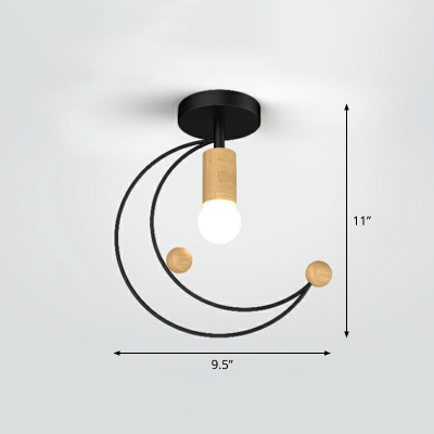 Nordic Geometric Semi Mount Lighting 1-Head Metallic Close to Ceiling Light with Wood Accent
