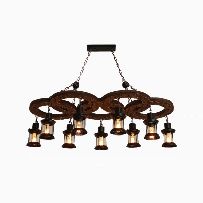 Nordic Style Lantern Kerosene Lighting Iron Chandelier Light Fixture in Distressed Wood