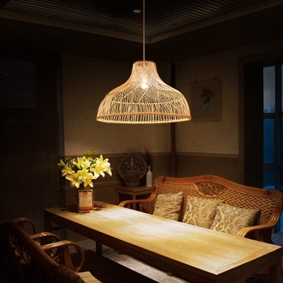Pot Cover Tea Room Ceiling Lighting Rattan 1 Bulb Nordic Style Hanging Lamp in Wood