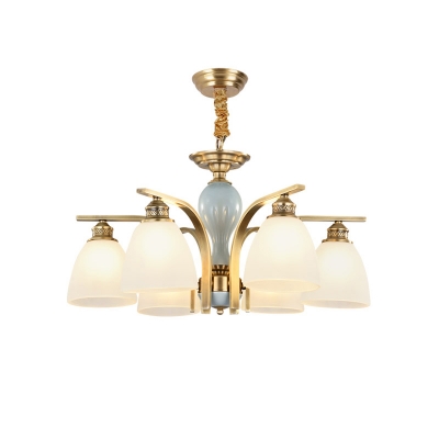 Satin Opal Glass Bell Pendant Light Fixture Vintage Living Room Ceiling Chandelier in Brass