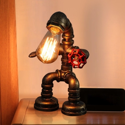 Single-Bulb Table Lighting Industrial Water Pipe Iron Nightstand Lamp in Bronze for Cafe