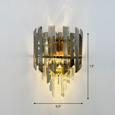 Smoky Crystal Tiered Tapered Sconce Lamp Postmodern 2-Light Brass Plated Wall Mount Light
