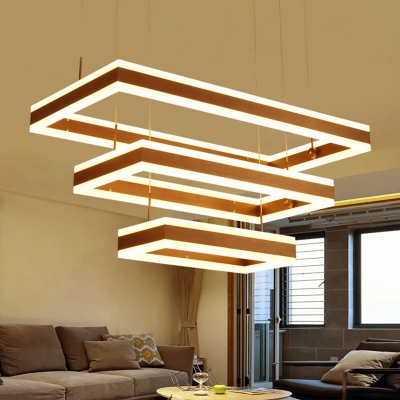 Tiered Rectangle Chandelier Lighting Minimalist Metallic Coffee LED Pendant Light for Living Room