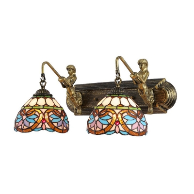 Tiffany Glass Brass Finish Sconce Light Fixture Shaded 2-Head Traditional Wall Mounted Lamp