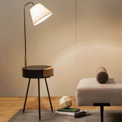 Tripod Drawer Floor Lighting Nordic Wooden 1-Bulb Bedroom Reading Floor Lamp with Cone Fabric Shade