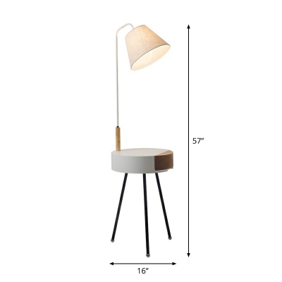 Tripod Drawer Floor Lighting Nordic Wooden 1-Bulb Bedroom Reading Floor Lamp with Cone Fabric Shade