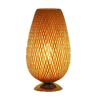 Tulip Shaped Night Table Light Asian Bamboo 1 Bulb Wood Nightstand Lamp for Bedroom