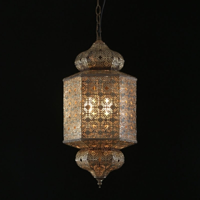 Turkish Lantern Hollowed-out Pendant Lighting Single-Bulb Metal Hanging Lamp in Bronze