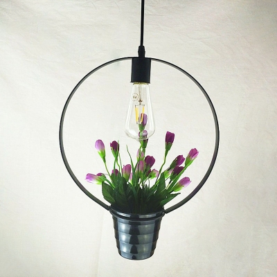 Vintage Artificial Potted Flower Pendant Light 1-Head Metallic Hanging Light in Black