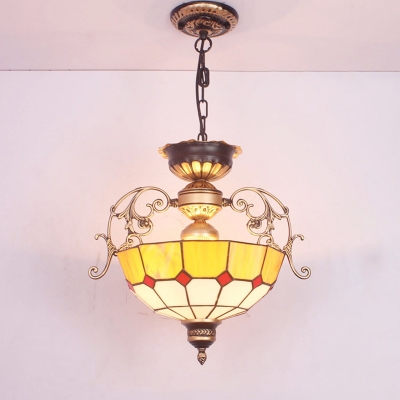 Vintage Bowl Shade Chandelier Suspension Light 3 Heads Gridded Glass Pendant Light for Corridor