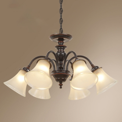 Vintage Flared Chandelier Frosted Glass Suspension Light Fixture in Black for Dining Room