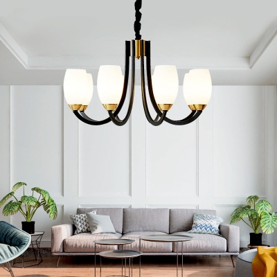 White Glass Tulip Pendant Lamp Minimalist Living Room Chandelier with Curved Arm in Black-Brass